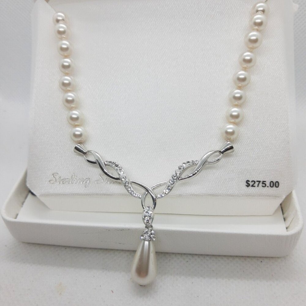 Artistique Sterling Silver Crystal pearl Y pearl drop Necklace MSRP $275
